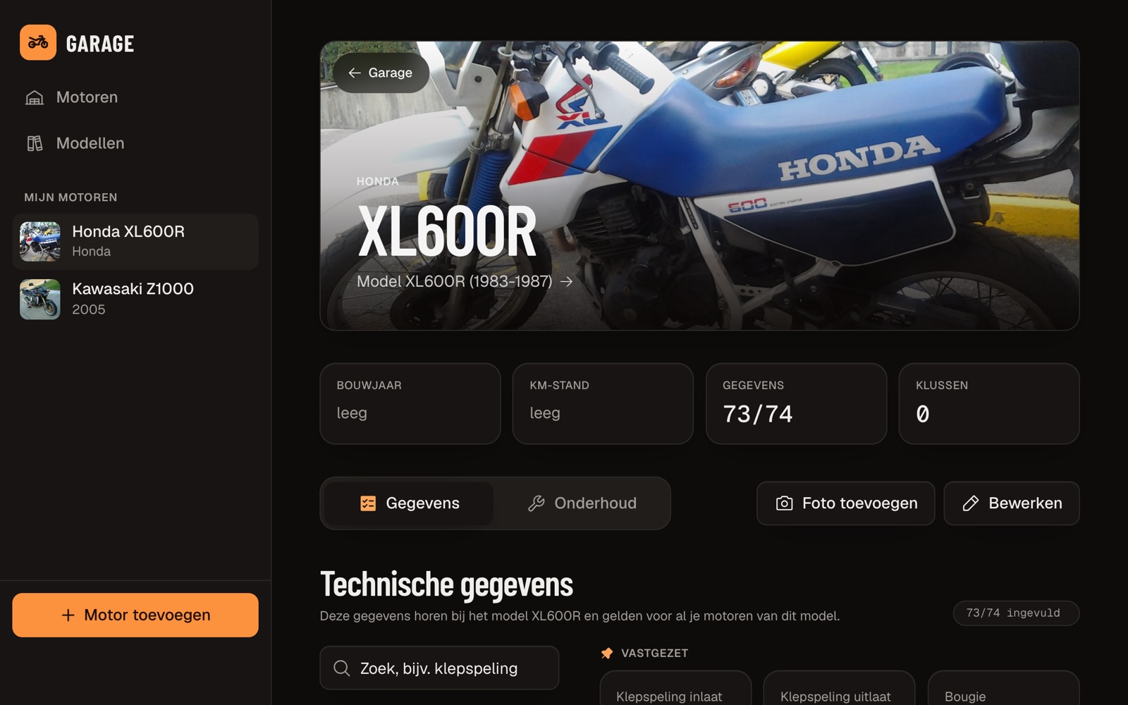 Voorbeeld van de app Garage